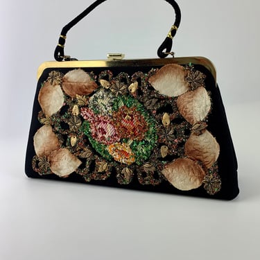 1950s Top Handle Velvet Handbag - Needlepoint and Leaf Appliques - Vegan Leather Lining - Excellent Condition - NOS DEADSTOCK 