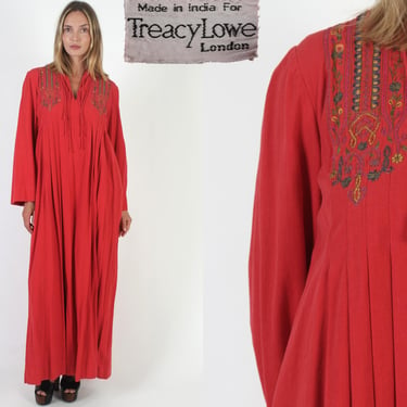 Treacy Lowe Of London Designer Dress, 70s Heavily Embroidered India Caftan, Red Cotton Ethnic Kaftan With Pockets 