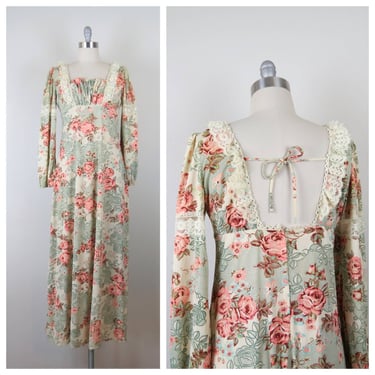 Vintage 1970s floral maxi dress, open back, prairie, cottage, victorian 