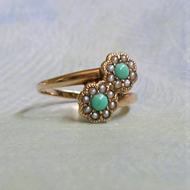 Antique Victorian 14K Gold Turquoise and Half Pearl Bypass Ring, Old Victorian Ring With Pearls and Turquoise, Antique Ring (#4175) 