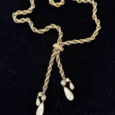 Adjustable Length Tassel Statement Necklace, Slider, Lariat, Gold Tone, Faux Pearls, Vintage 60s 70s 