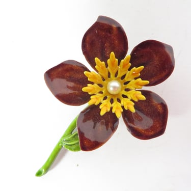 Vintage Brown Enameled Flower Brooch - Brown and Yellow Daisy Flower Pin 