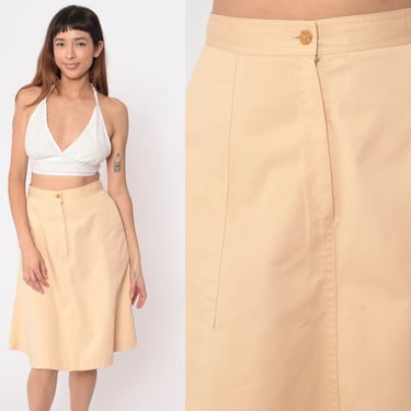 70s Midi Skirt Tan Structed Pocket Boho Skirt High Waisted Bohemian Skirt A LINE Skirt Aline Plain Boho Retro 1970s Vintage Small S 