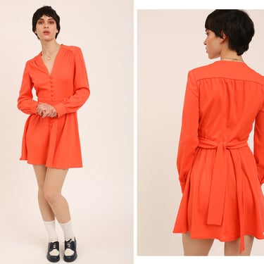 Vintage 1960s 60s Coral Pink Long Balloon Sleeve Button Up Mini Dress // Carlye for B. Altman & Co Fifth Avenue // Pleated Bodice 