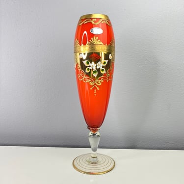 Vintage Bohemian Style "Star Hand Made"  11" Footed Bud Vase | Hand Painted Gold and Red Vase 