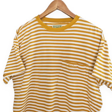 vintage striped shirt / boxy t shirt / 1990s ESPRIT mustard striped pocket t shirt boxy fit Medium 