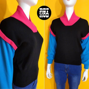 Unique Vintage 80s Black Pink Turquoise Color Block Statement Sweater 