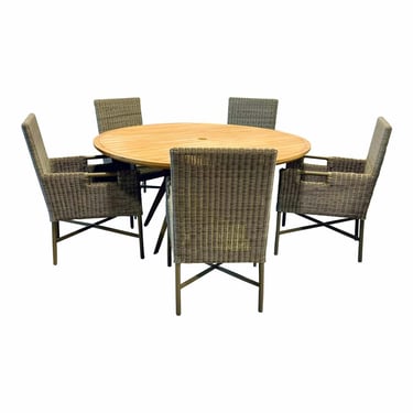 Baker / McGuire Organic Modern Teak and Gray Woven Resin Outdoor Dining Table and Chairs Set