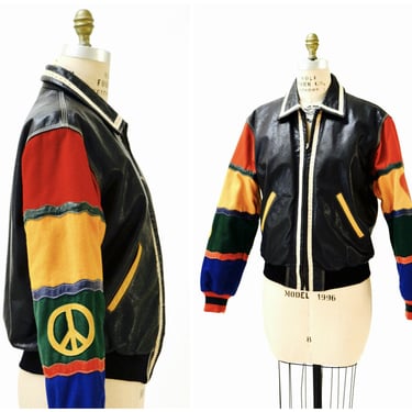 Vintage Moschino Leather Jacket Black Love Peace Heart Red and Black Navy Moschino Jeans ITaly Pop Art Rainbow Gay Pride Leather Jacket 