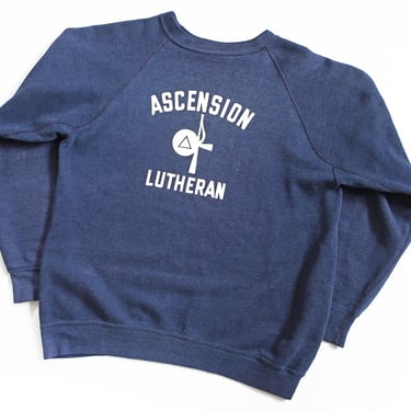 vintage sweatshirt / 70s sweatshirt / 1970s Ascension Lutheran raglan gusset navy blue sweatshirt Large 