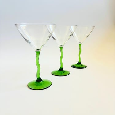 Postmodern Green Squiggle Stem Martini Glasses - Set of 3 - Courbe by Libbey 