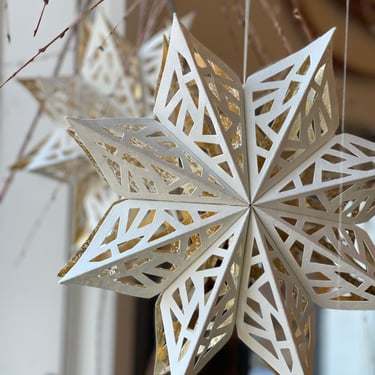 12 inch Paper Star White and Gold Hanging Ornament Window Paper Cut Out Large White Paper Star 3D Winter Decor 
