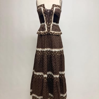 Gunne Sax Brown Calico Dress, Peplum Cottagecore Velvet Sundress, Lace Up Corset, Tag Size 9 