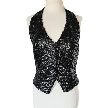 Vintage 70s 80s Halter Top Vest Black Sequins 