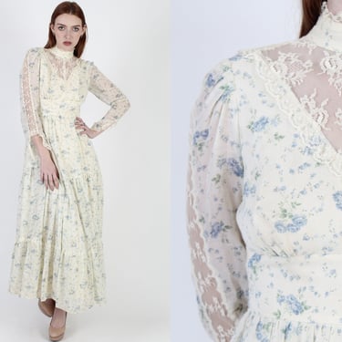 Cream Prairie Wedding Maxi Dress / Vintage 70s Sheer Floral Lace Bridal Dress / Simple Ivory Bridesmaids Victorian Lawn Dress 