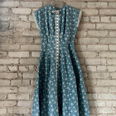 Small, Vintage 1950s Folk Print Button Dress, Blue 