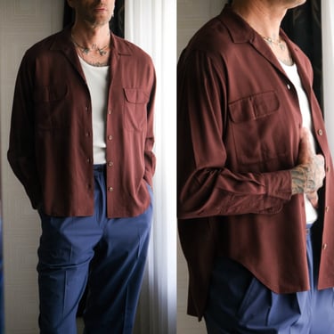 Vintage 80s RALPH LAUREN Merlot Rayon & Wool Gabardine Loop Collar Shirt w/ Flap Patch Pockets | 1980s Does 1950s POLO Retro Mens Shirt 