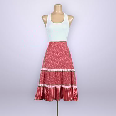 VINTAGE 60s 70s Red Calico Prairie Skirt 26 Waist | 1960s 1970s Tiered Floral and Lace Midi Skirt | VFG 