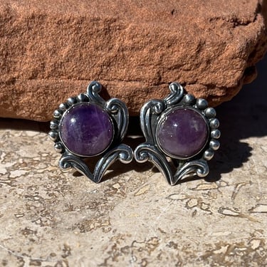 Vintage Mexico Sterling and Amethyst Flower Screw Back Earrings c. 1940s 