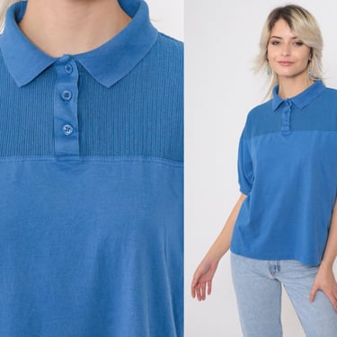 Blue Polo Shirt 90s Knit Yoke Collared Shirt Preppy Basic Short Sleeve Top Quarter Button Up Plain Casual Single Stitch Vintage 1990s Large 
