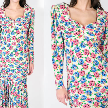 Vintage 80s EMANUEL UNGARO Vibrant Silk Floral Print Jacquard 40s Style Dress | Made in Italy | 100% Silk | 1980s Does 1940s Designer Dress 