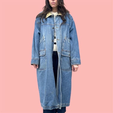 Vintage Denim Duster Jacket Retro 1990s Spencer Douglas + Size 3X + Y2K + Chore Coat + Long + Lightweight + Trench + Button-down + Womens 