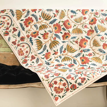 Vintage Suzani 38.25” x 58.25” Uzbek Hand-Embroidered Floral Design Samarkand Blanket Bed Throw - 1950s 