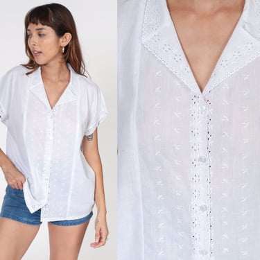 80s White Prairie Blouse Eyelet LACE Shirt Boho Shirt Cottagecore 1980s Bohemian Button Up Cap Sleeve Summer Cotton Blend Vintage Large 