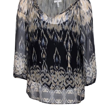 Joie - Beige & Black Print Silk Semi Sheer Blouse Sz S