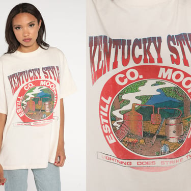Kentucky Style Moonshine Shirt 90s Estill County T-Shirt Lighting Strikes Twice Graphic Tee Alcohol Drinking Single Stitch Vintage 1990s XL 