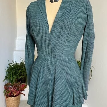 Stunning 1940s Teal and Back Birdseye Weave Nipped Waist Jacket and Skirt Set Vintage 