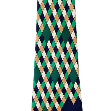 Valentino 1970s Vintage Green Argyle Silk Twill Wide Necktie 