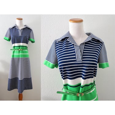 Vintage 60s Striped Shift Dress Mod Midi Shirtdress Belted - Size Large 