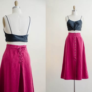 red cotton midi skirt | 90s burgundy corset lace up button down light dark academia vintage linen style skirt 