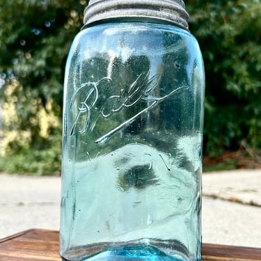 Antique Ball Mason Jar Blue Glass Quart Jar Tin Lid Early 1900s Vintage Kitchen 