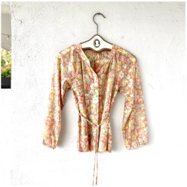 Vintage 70s Boho Folk Sheer Shirt Floral Peasant Top 