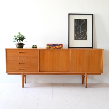 1960s Swedish Oak Sideboard – Vintage Scandinavian Sideboard with Sliding Doors and Drawers 