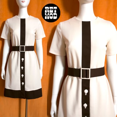 Iconic Mod Vintage 60s 70s Cream & Brown Mondrian Style Dress 