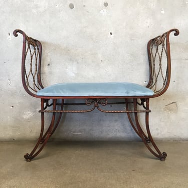 Iron Bench With Twisted Rope Detail - &quot;French Blue Velvet&quot; Upholstery