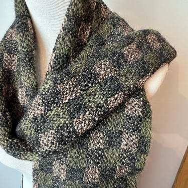 Vintage wool checker plaid scarf~ nubby texture thick scarves~ fringe~ mossy greens~ blush tone~ block plaid 