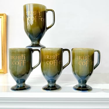 Vintage Wade Irish Coffee Mugs Pottery Specialty Coffee Mugs Gift for Him Ireland Gift, Green Glaze Pedestal Mugs Gold Gilt 