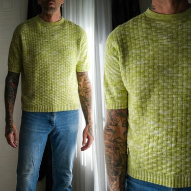 Vintage 50s PEBBLE BEACH of California Atomic Chartreuse Woven Knit Sweater T-Shirt | Made in USA | 100% Cotton | 1950s Designer Sweater Tee 