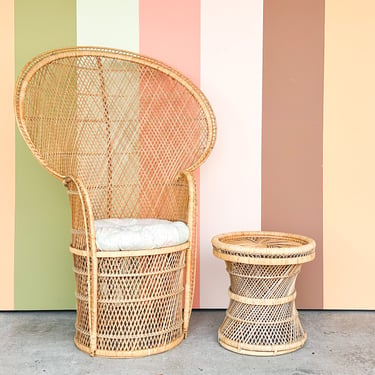 So 70’s Rattan Peacock Chair and Side Table