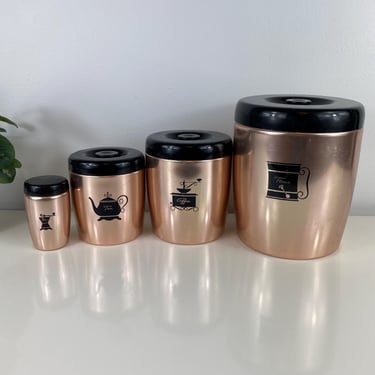 Vintage West Bend Copper Colored Aluminum Canister Set, Black Painted Lids w/Plastic Knobs, Iconic 50s MCM Kitchen Storage Flour Coffee Tea 