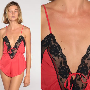 80s Lingerie Romper Red Deep V Neck Teddy | Shop Exile - Tucson, AZ
