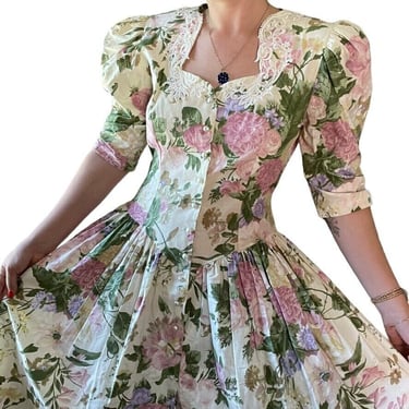 Vintage 1980s Expo Pastel Floral Rose Romantic Cottagecore Maxi Boho Dress Sz M 