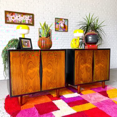 Unique Pair of Rosewood and Black Lacquered Record Cabinets, circa 1970s