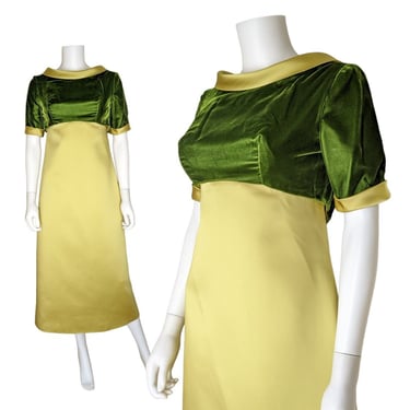 Vintage Chartreuse Cocktail Dress Set / 1950s Satin Empire Waist Party Dress with Puffy Sleeve Velvet Bolero Jacket 