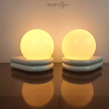 French Decotec 1980's White Enameled Sconces With Milk Glass Globe Shades Designer Collection 