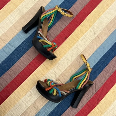 Vintage 1940s Colorful Rayon Strap Pump Open Toed Shoes High Heels Rainbow Shica